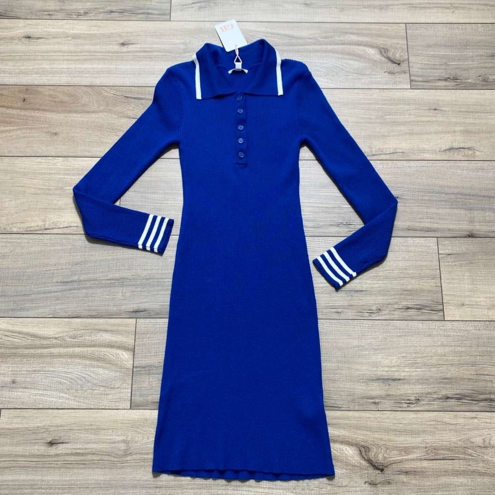 Blue Long-Sleeve Rib Knit Polo Dress with White Trim